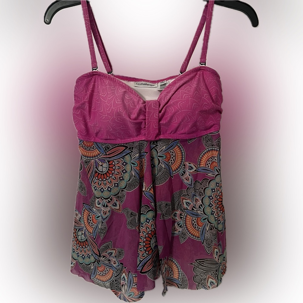 Croft & Barrow Size 10 Women Fuchsia Paisley Flyaway Tankini Swim Top